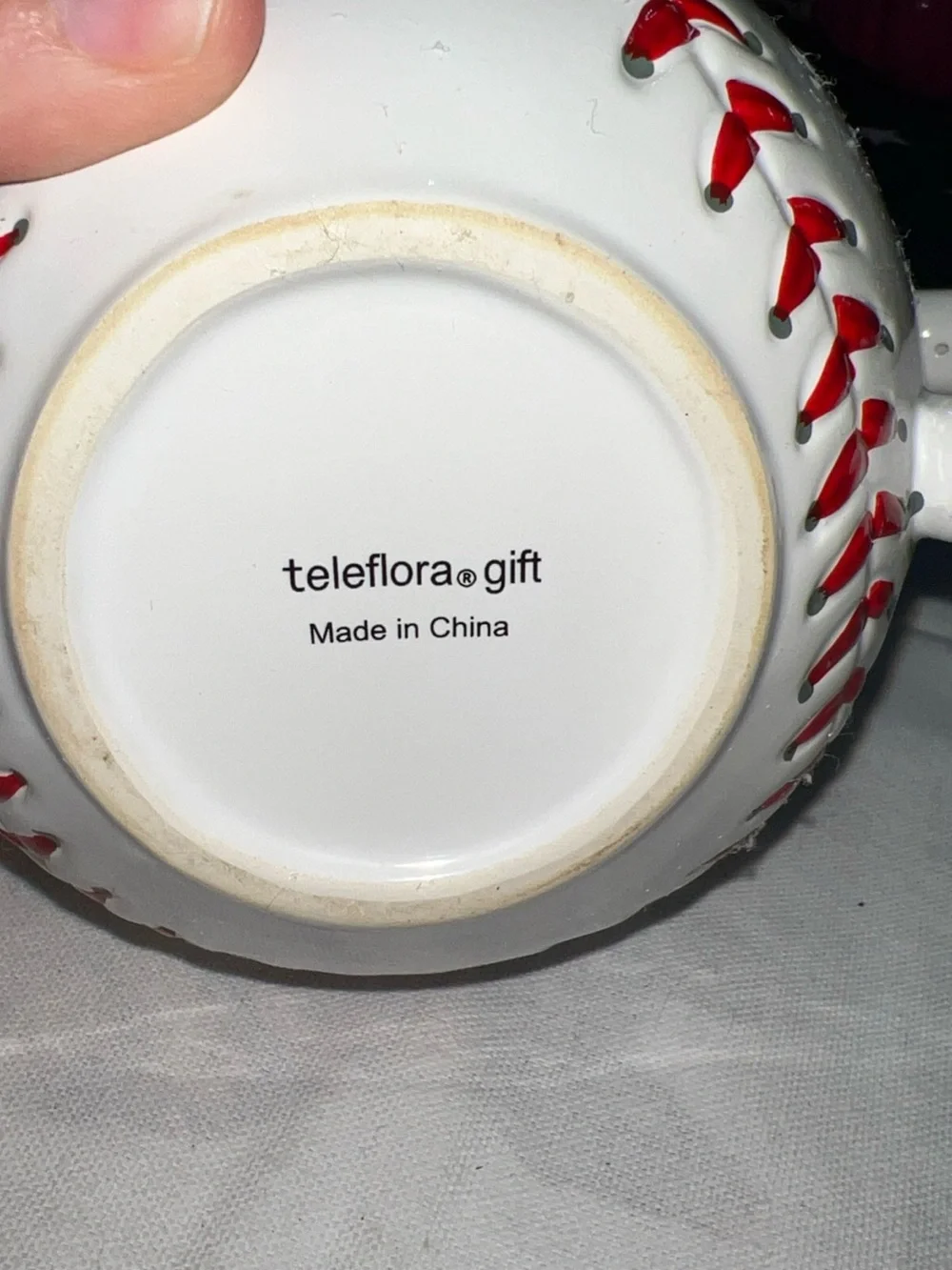 Teleflora Baseball Ceramic Mug Planter Vase Coffee Soup Cup White Red Stitches